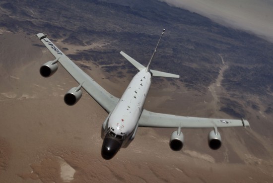 RC-135 Rivet Joint reconnaissance aircraft moves into position behind a KC-135T/R Stratotanker for an aerial refueling at a speed greater than 250 knots over Southwest Asia. When connected to the refueling boom, the aircraft will receive more than 40,000 pounds of fuel allowing it to remain on station or move on to other stations to perform its mission. The RC-135 flightcrew of Capt. Mike Edmondson, pilot; 1st Lt. Erik Todoroff, copilot; and 1st Lt. Chris Young, navigator are deployed to the 763rd Expeditionary Reconnaissance Squadron, in Southwest Asia, from 343rd Reconnaissance Squadron, Offutt Air Force Base, Neb.  They are natives of East Moline, Il., Jackson, Mich., and Charleston S.C.. (U.S. Air Force photo by Master Sgt. Lance Cheung)